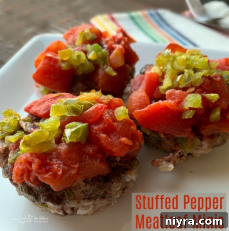 Stuffed Pepper Meatloaf Minis hero shot with recipe focus