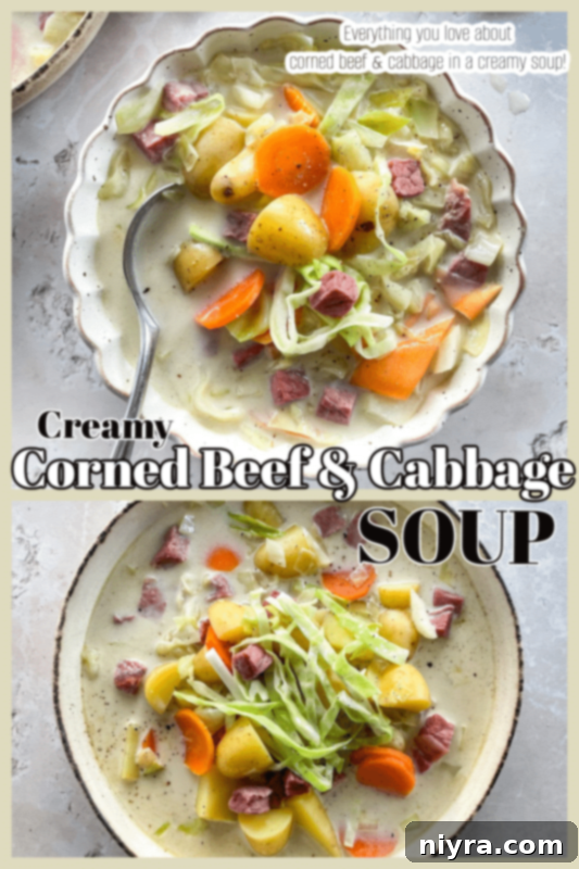 Velvety Corned Beef and Cabbage Soup 11 Creamy Corned Beef & Cabbage Soup in a white bowl