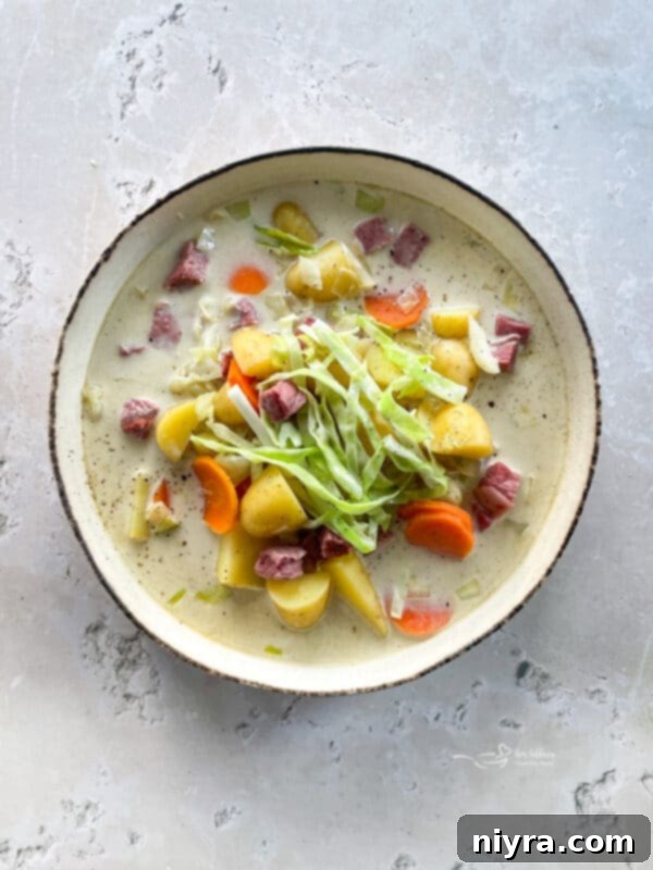 Velvety Corned Beef and Cabbage Soup 12 Creamy Corned Beef & Cabbage Soup in a white bowl