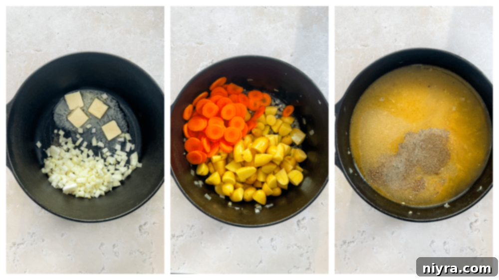 Velvety Corned Beef and Cabbage Soup 9 Carrots and potatoes cooking in a pot