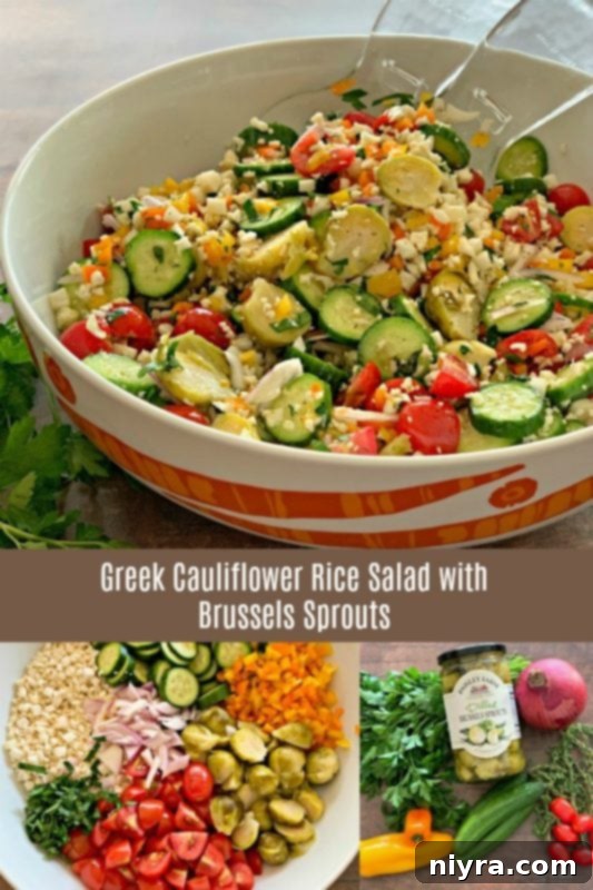 Greek Cauliflower Rice Salad with Brussels Sprouts in a large bowl, ready to serve