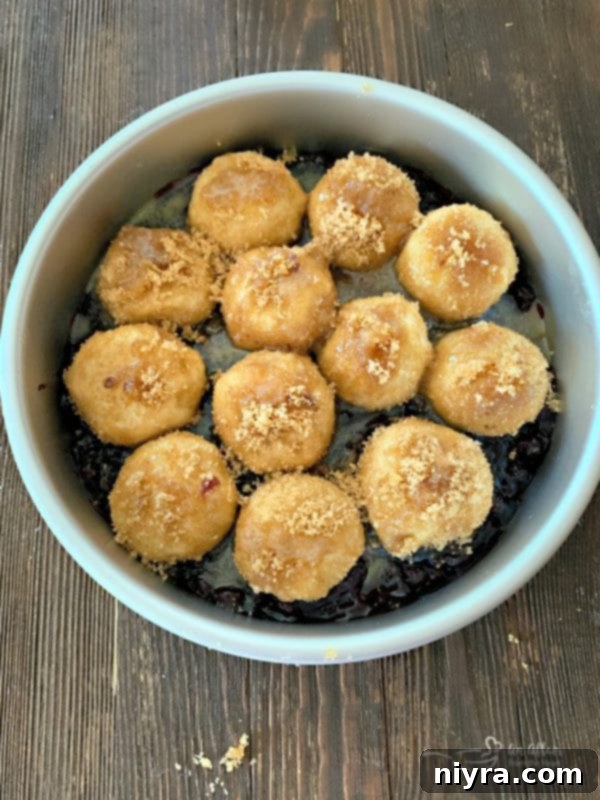 Dough balls coated in sugar placed on blueberry filling