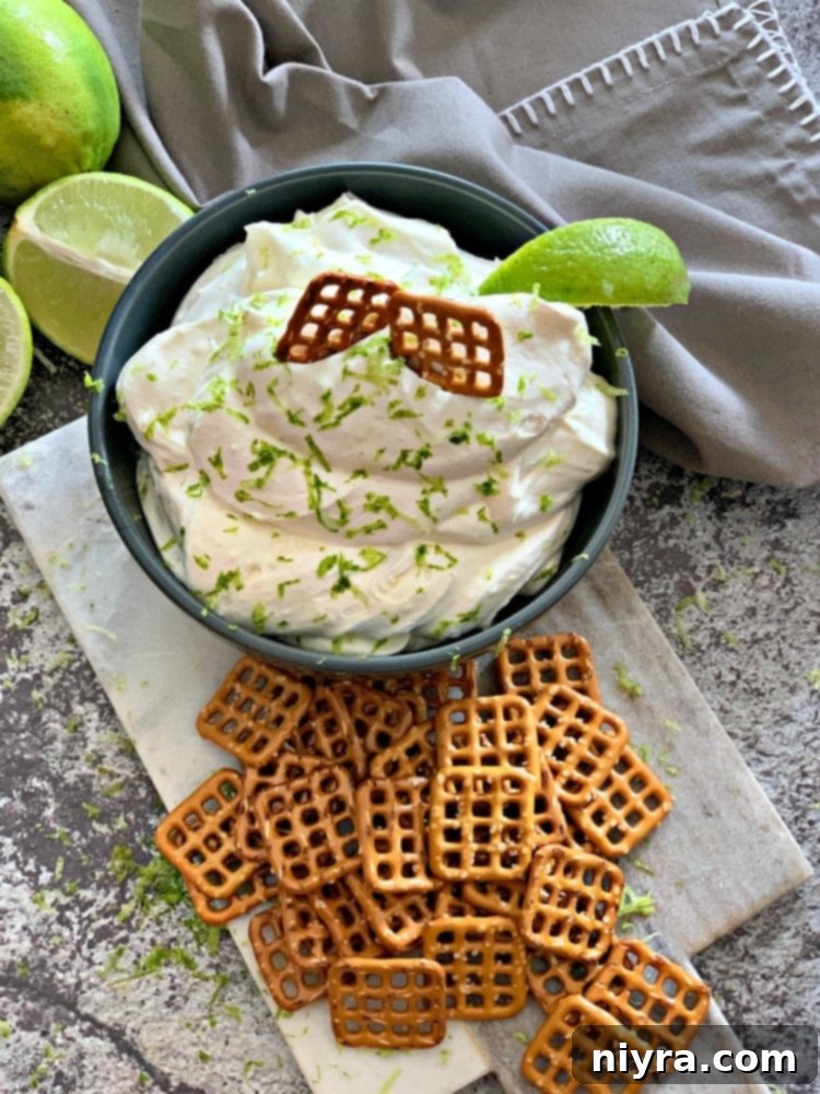 Overhead view of Creamy Margarita Dip in a bowl, surrounded by salted pretzels.