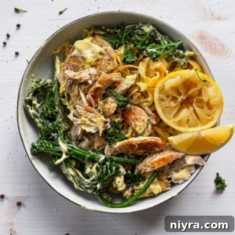 Close-up of baked Chicken Divan casserole with rich sauce