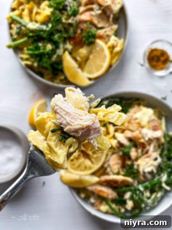 A serving of Chicken Divan on a plate, showing noodles, chicken, broccoli, and sauce