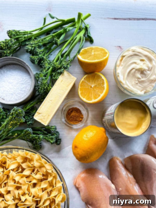 All the Chicken Divan ingredients laid out on a wooden board