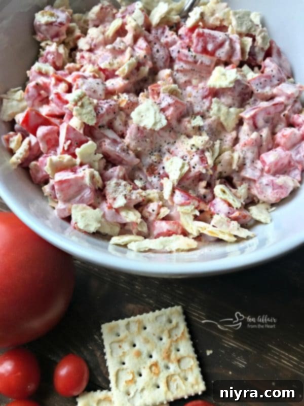 A bowl of Tomato Cracker Salad with whole crackers on the side, highlighting the ingredients.