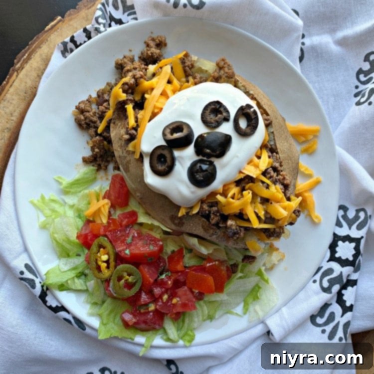 Top-down view of a fully loaded Taco Baked Potato