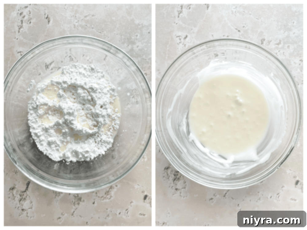 Vanilla glaze being drizzled over cooled Snickerdoodle Cookie Bars in a pan.