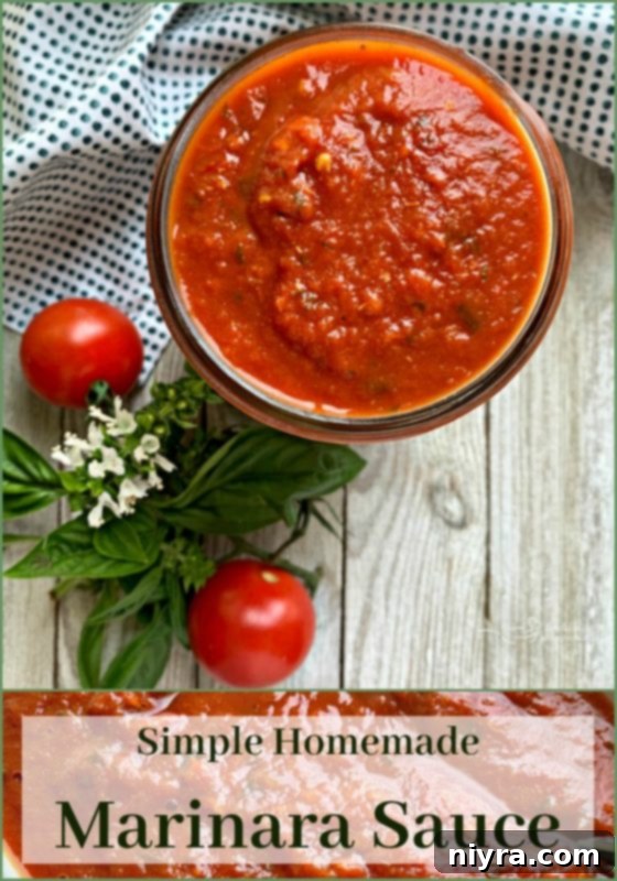 A bowl of Simple Homemade Marinara Sauce, garnished with fresh basil, ready to serve