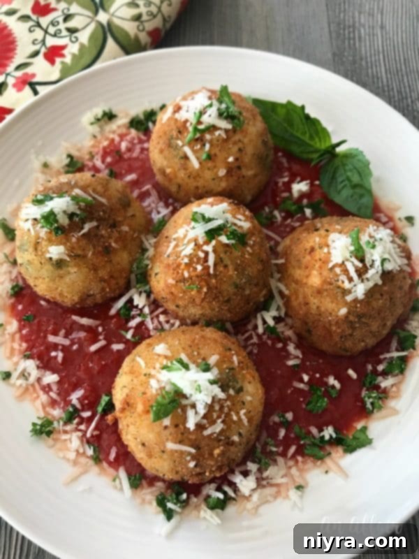 Golden-fried Arancini (Risotto Balls) served with a side of marinara sauce