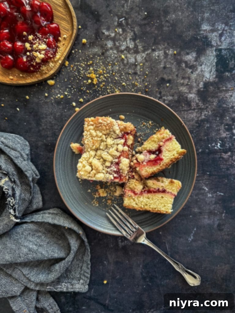 Slice of Cherry Coffee Cake with Crumb Topping