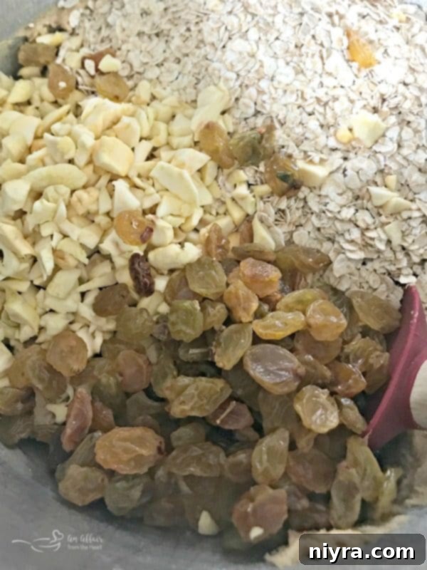 Mixing golden raisins, dried apples, and oats into spiced cookie dough for Apple Pie Oatmeal Cookies