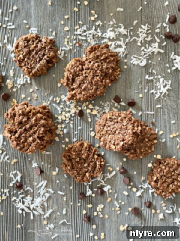 Overhead shot of freshly baked Chocolate Oatmeal Coconut Cookies