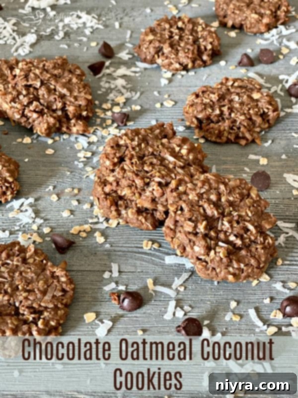 Hero shot of Chocolate Oatmeal Coconut Cookies, perfectly baked