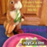 Dreamy White Chocolate Cream Cheese Sugar Cookie Bars 2 Sugar cookie bars on a pink plate and a plush brown easter bunny on a blue surface. Text