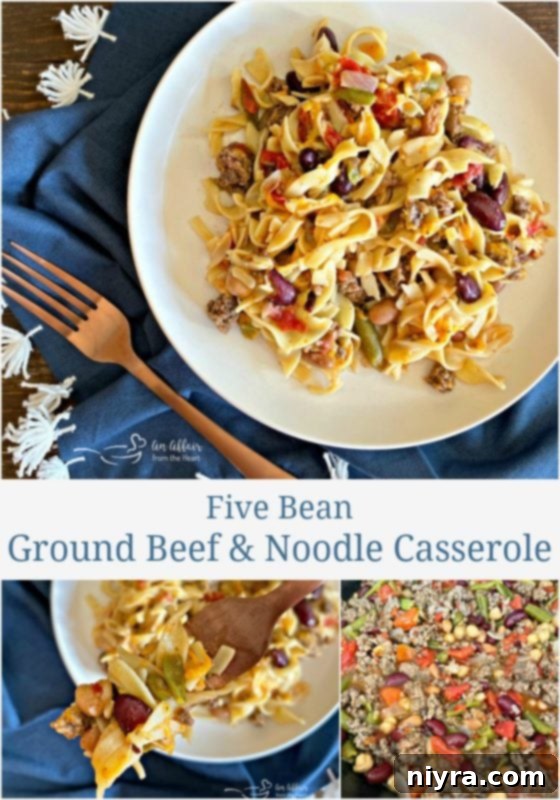Pin this recipe: Five Bean Ground Beef & Noodle Skillet Casserole An Affair from the Heart