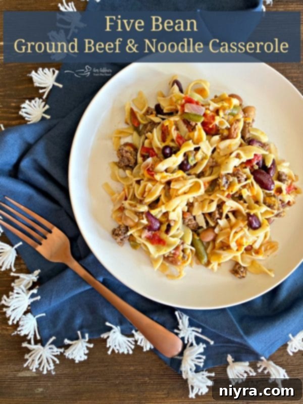 Appetizing close-up of Five Bean Ground Beef & Noodle Skillet Casserole, hero shot