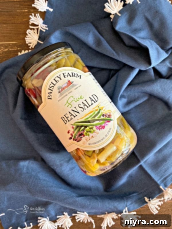 Jar of Paisley Farm Five Bean Salad, a key ingredient for quick meals