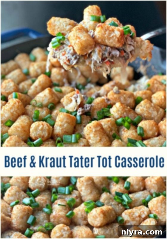 Hearty Beef and Sauerkraut Tater Tot Casserole 10 Beef & Kraut Tater Tot Casserole in a skillet, branded with 'An Affair from the Heart'.