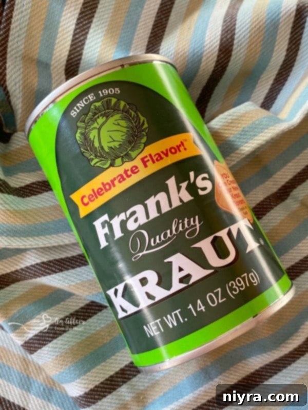 Hearty Beef and Sauerkraut Tater Tot Casserole 3 Frank's Kraut product packaging displayed next to ingredients for the casserole.