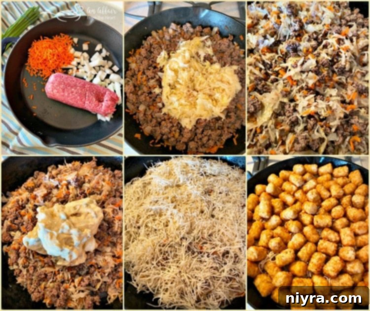 Hearty Beef and Sauerkraut Tater Tot Casserole 6 Step-by-step prep images showing browning beef, adding sauerkraut, and stirring in soup in a cast iron skillet.