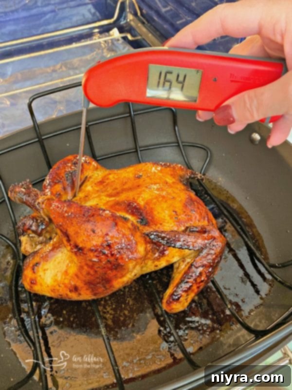 Checking internal temperature of Jamaican Jerk Glazed Chicken with a Thermapen