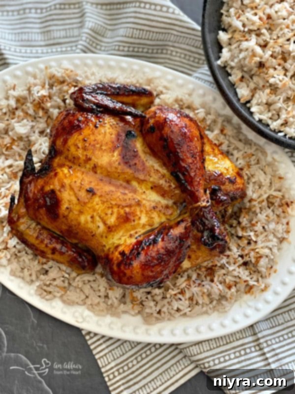 Jamaican Jerk Glazed Chicken over Sweet Coconut Rice plated and ready to serve
