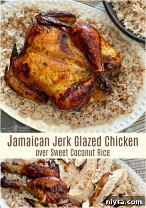 A beautifully plated Jamaican Jerk Glazed Chicken over Sweet Coconut Rice from An Affair from the Heart