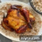 Overhead of Jamaican Jerk Glazed Chicken over Sweet Coconut Rice