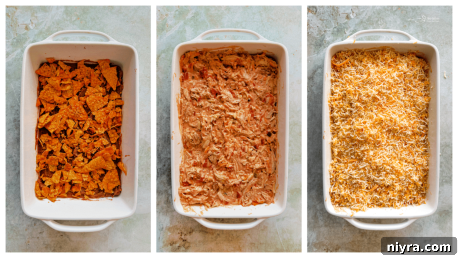 Shredded chicken mixed into the creamy casserole sauce.