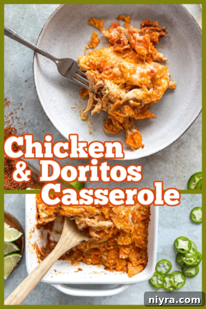 A large serving of Chicken and Doritos Casserole on a white plate, topped with fresh cilantro.