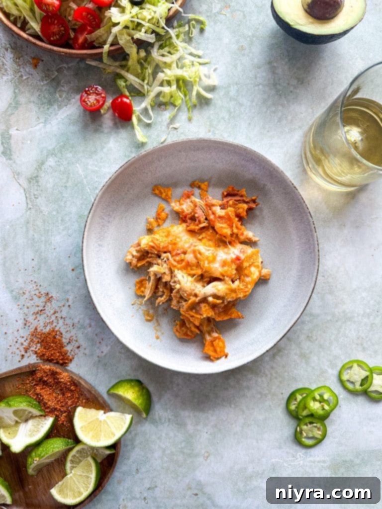 Baked Chicken and Doritos Casserole, golden and bubbly, fresh from the oven.