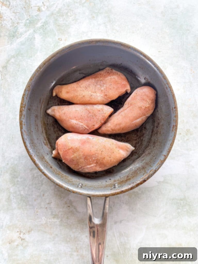 Raw chicken breasts in a small pan, ready for cooking.