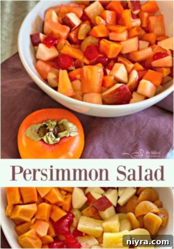 A beautifully presented Persimmon Salad in a glass bowl, showcasing the vibrant colors and fresh ingredients like persimmon, apple, and cherries.