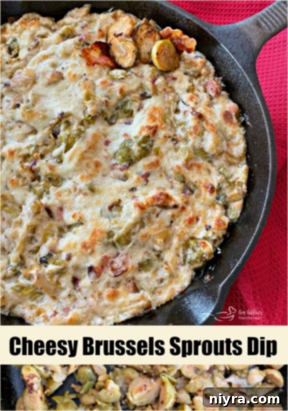 Cheesy Brussels Sprouts Dip from An Affair from the Heart blog, ready to be pinned and shared