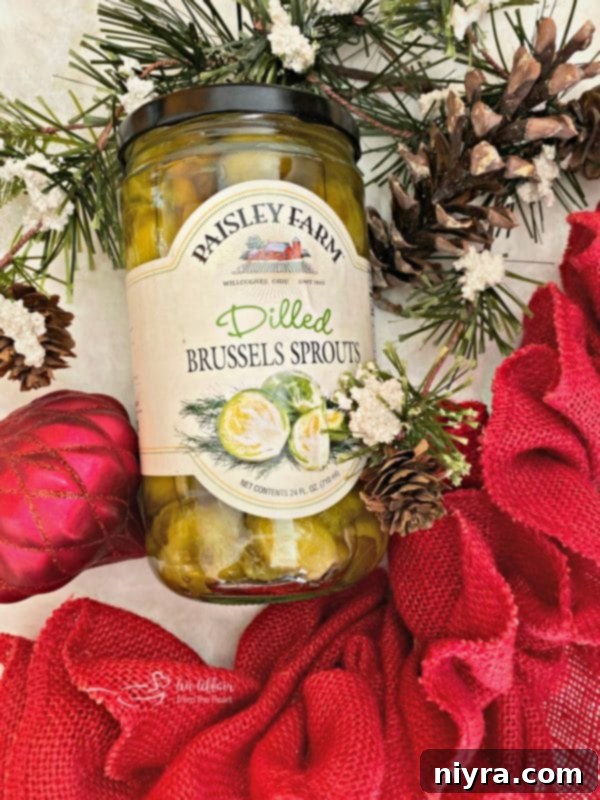 Paisley Farm Dilled Brussels Sprouts featured in a festive holiday setting, suggesting they make a great gift