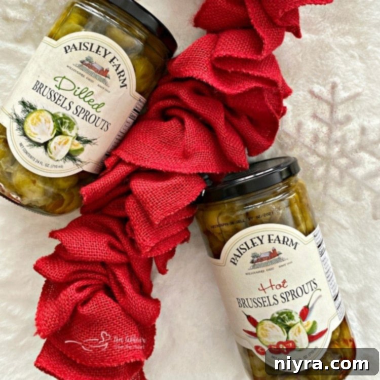 A jar of Paisley Farm Brussels Sprouts, highlighting their convenience and fresh ingredients