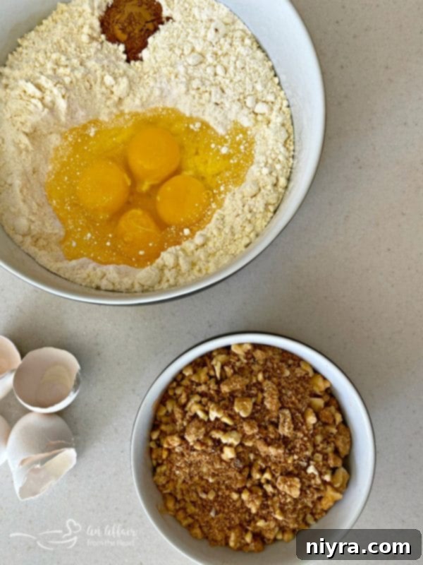 Ingredients being prepped for Cinnamon Spice Coffee Cake, showing spices and walnuts