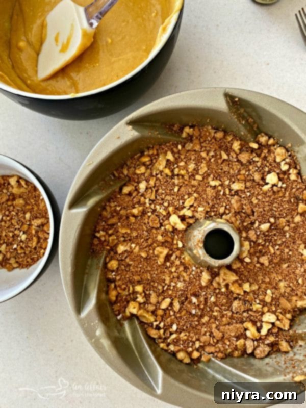 Cake batter and walnut mixture being prepared for Cinnamon Spice Coffee Cake