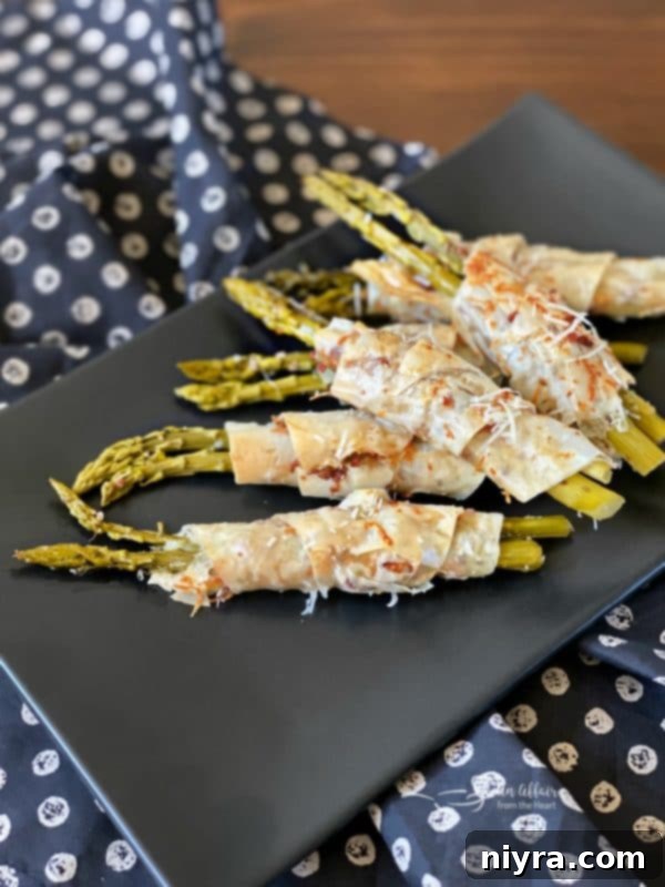 Bacon & Cheese Phyllo Wrapped Pickled Asparagus - a gourmet hot appetizer