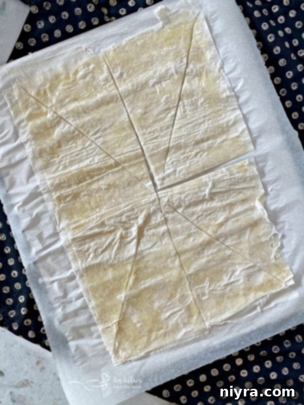 Cutting phyllo dough into triangles