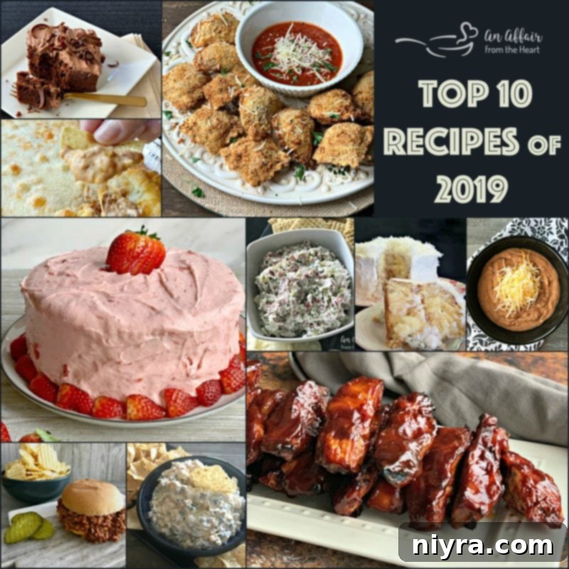 A vibrant collage showcasing the Top 10 Recipes of 2019 from An Affair from the Heart, featuring various dishes like ribs, cakes, and dips.