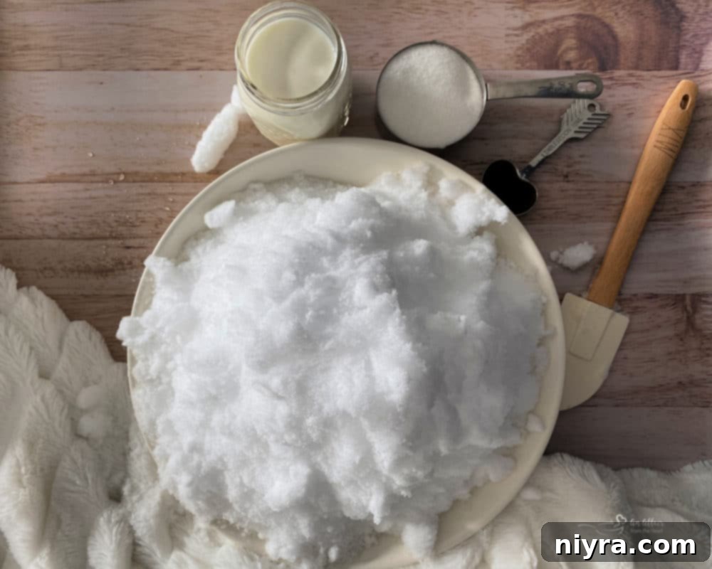 Ingredients for snow ice cream laid out: snow, milk, sugar, vanilla.