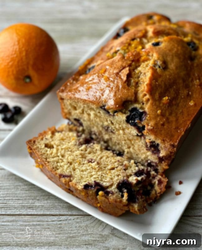 Zesty Orange Blueberry Loaf 4 A freshly baked loaf of Blueberry Orange Bread, golden brown.