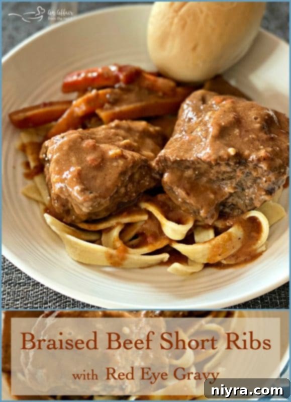 Delicious Braised Beef Short Ribs with Red Eye Gravy, served in a bowl
