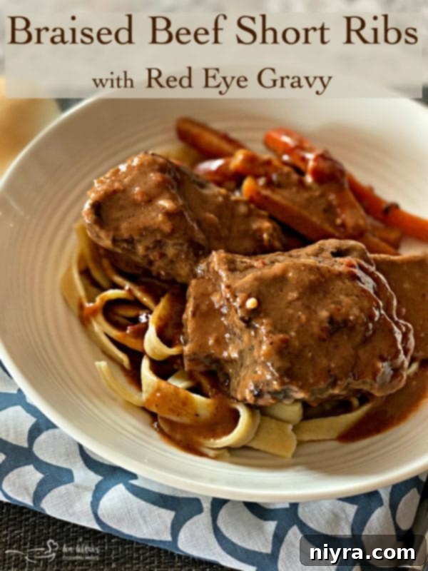 Hero shot of Braised Beef Short Ribs with Red Eye Gravy and homemade noodles