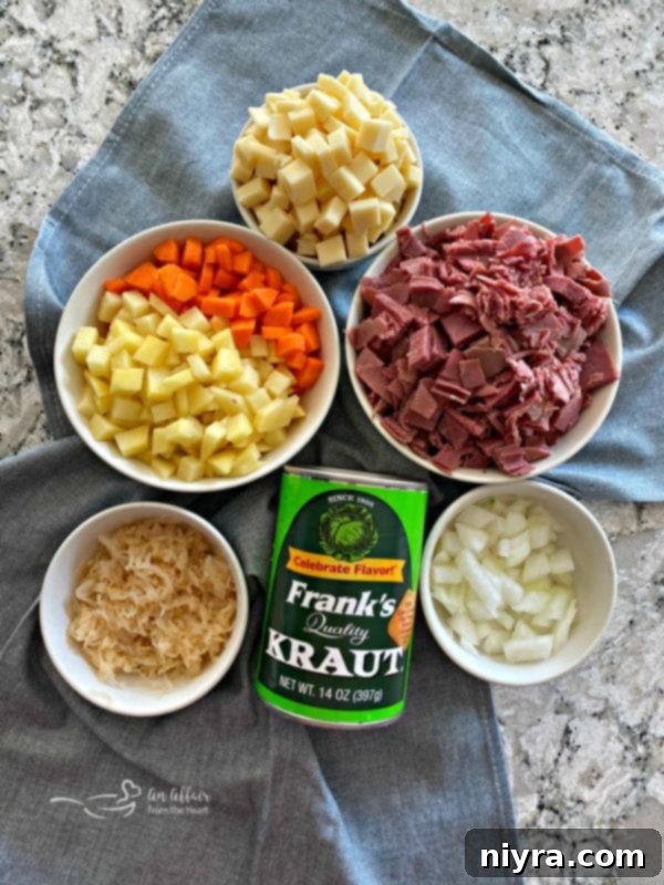 The Ultimate Reuben Pot Pie 6 Ingredients for Reuben Pot Pies laid out for preparation