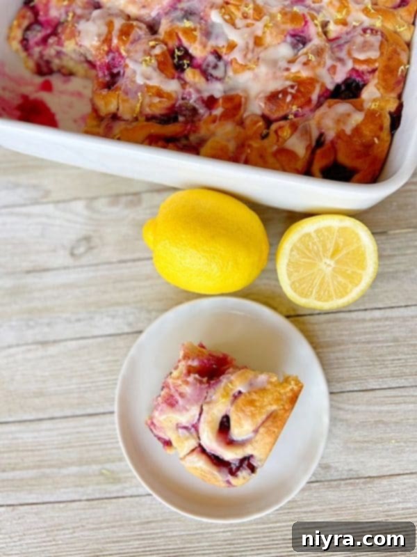 Close-up of Lemon Blueberry Sweet Rolls with lemon glaze