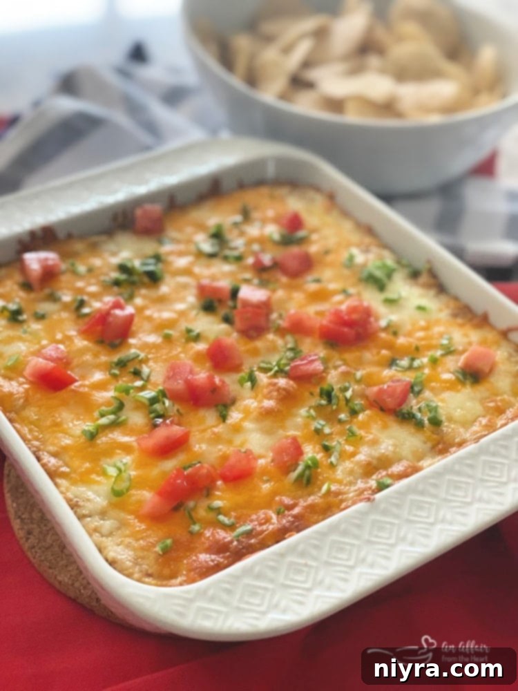 A close-up shot of the Hot Taco Five Bean Dip, featuring a creamy, cheesy texture with visible bean pieces and melted cheese, garnished with diced tomatoes and green onions, ready to be scooped with a tortilla chip.
